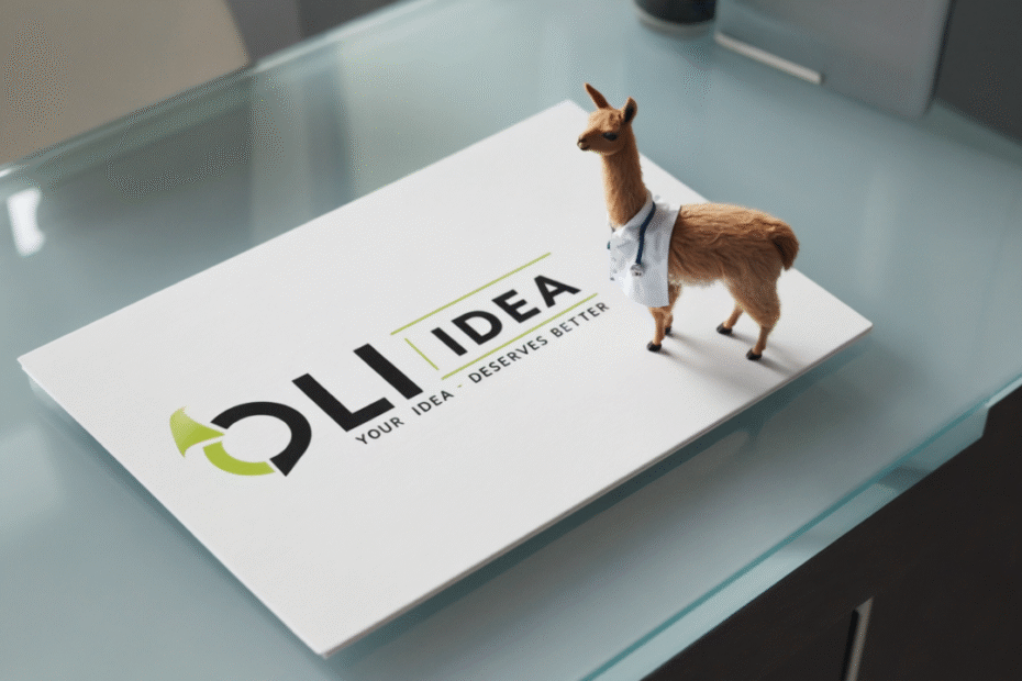 A llama wearing a tiny lab coat leaving a card that says OLI IDEA Your Idea Deserves Better
