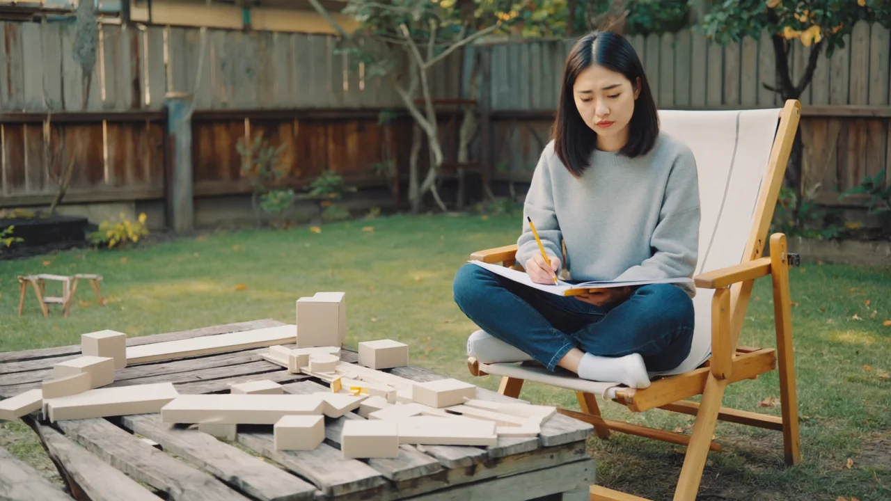Transform Your Vision into Reality with OLI IDEA’s Innovative Solutions 11 A woman in a backyard sketching in a notebook surrounded by prototype materials looking frustrated