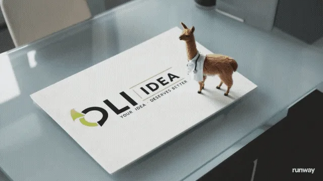 Transform Your Vision into Reality with OLI IDEA’s Innovative Solutions 2 A llama wearing a tiny lab coat picking up a card that says OLI IDEA Your Idea Deserves Better and leaving.mp4